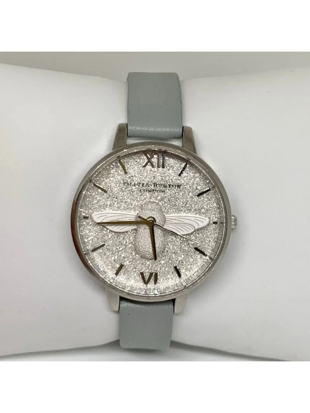 Olivia Burton London watch 3D bee dial 34mm stainless steel gray leather running